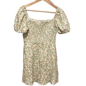 Zara Sunflower White Green Puff Sleeve Rouched Mini  Summer Dress
